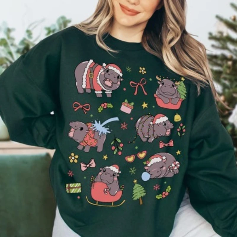 Moo Deng Christmas Sweatshirt Merch Cute Hippo Christmas Sweater Coquette Clothes Funny Baby Pygmy Hippo Winte Essential Hooded