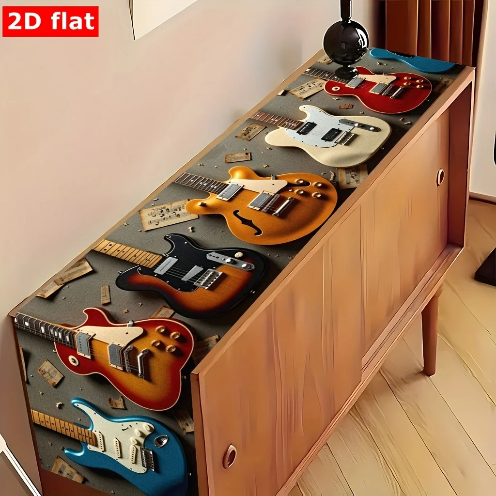 Electric Guitar Table Runner - 1PC Classic Rock Music Retro Creative Print Cover for Dressing Table Dining Winter