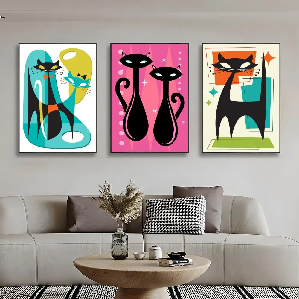 Mid Century Black Cat Poster HD art sticky wall waterproof home bedroom bar aesthetic decoration - view 3