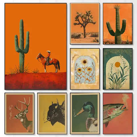 Batı Kovboy Kız Bohemian Tuval Baskı Alabalık Elk ve Inek Sigara Sigara Duvar sanat posterleri Modern Oturma Odası Noel Ev Dekor