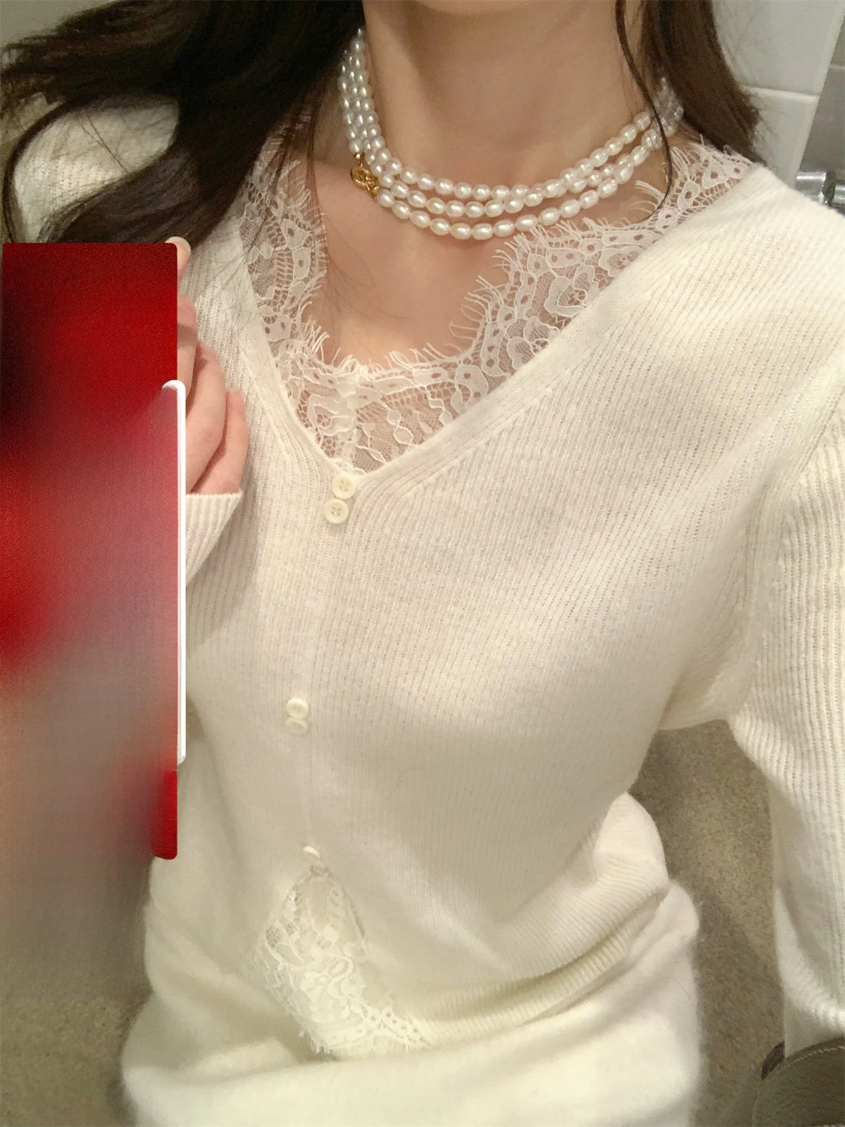 

Iceollo Белый шерстяной вязаный топ с V-образным вырезом и кружевом для женщин, осенне-зимний, приталенный, для повседневной носки, с длинным рукавом, укороченный