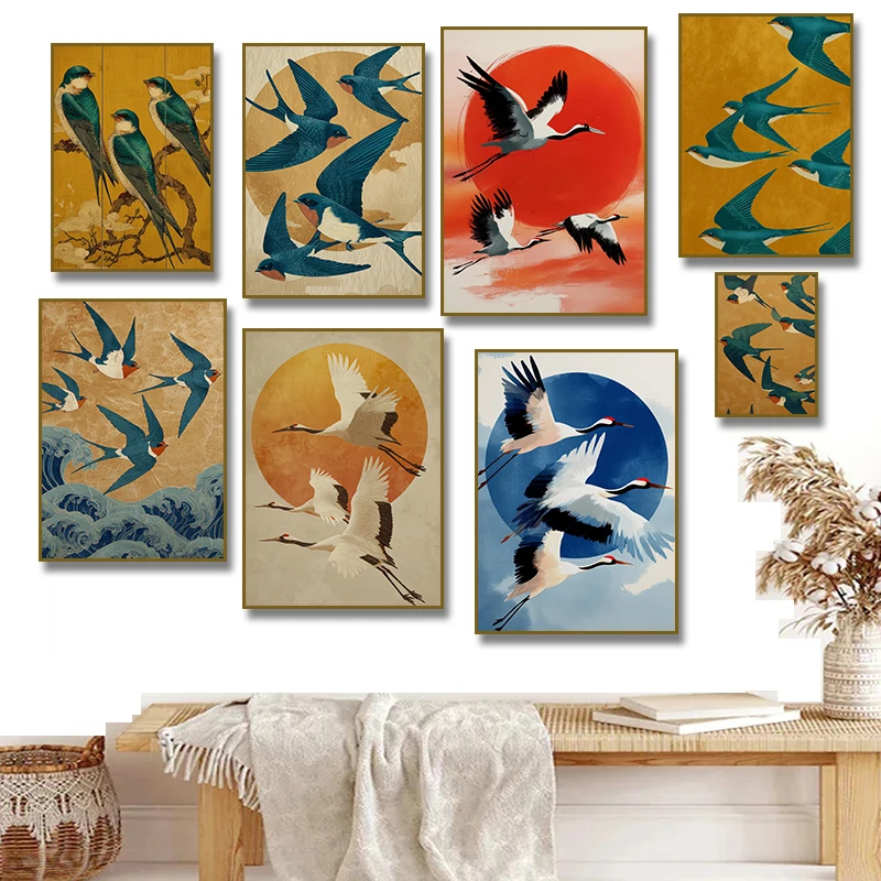 Japanese Style Sunset Flying Crane Swallow Wave Poster Wall Art Print Canvas Paintings for Room Home Decor Cuadros
