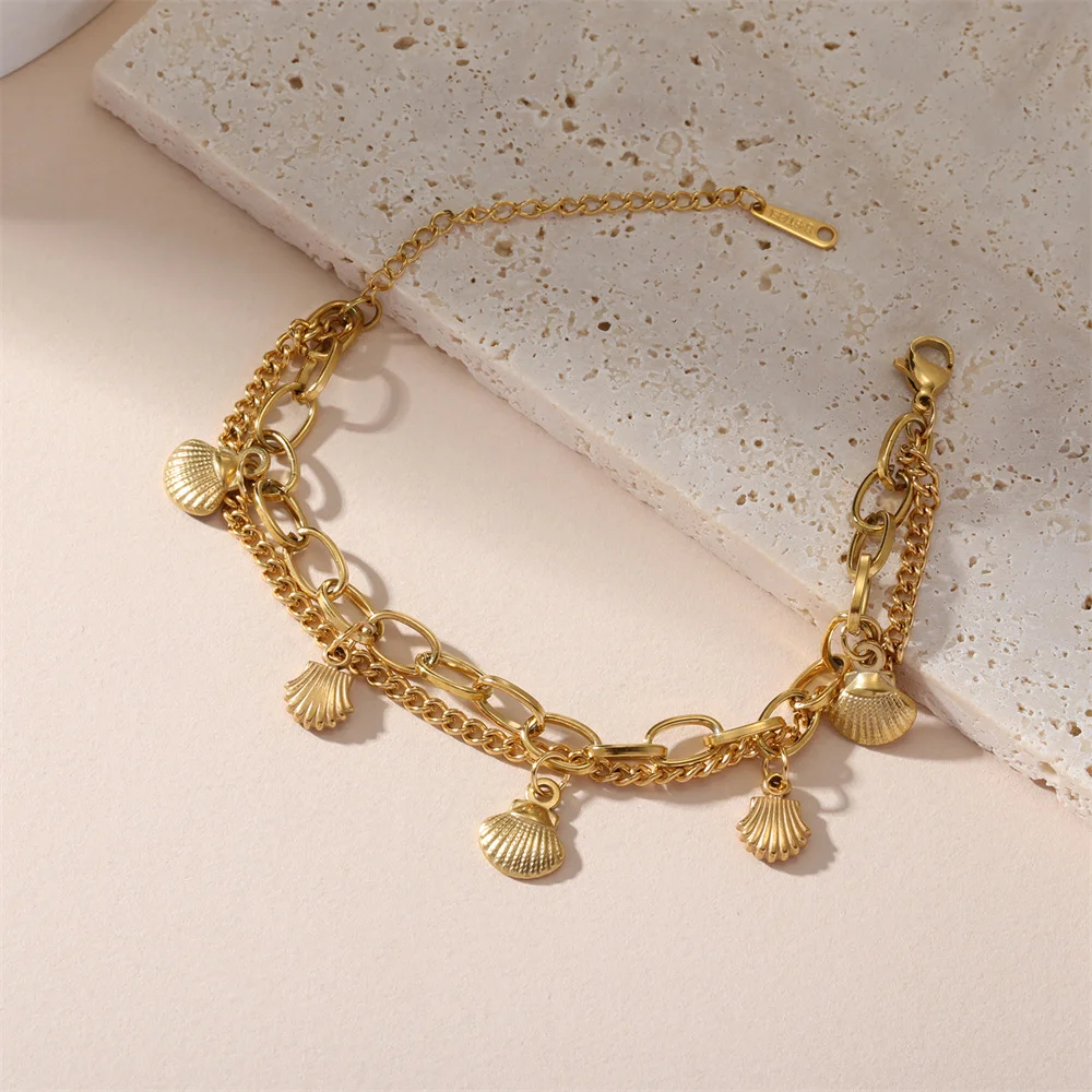Kkjoy Mode Edelstahl Gold Farbe Doppel Schichten Shell Armband Für Frauen Herz Seestern Charms Schmuck Geschenk Für Frauen – Detail 9