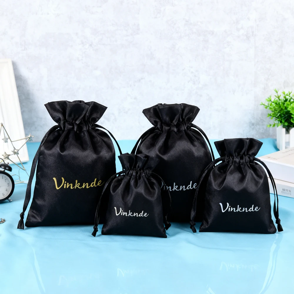 

50pcs Personalized Logo Black Silk Drawstring Gift Bags Jewelry Rings Necklace Perfume Packaging Pouch Wedding Favors For Guests