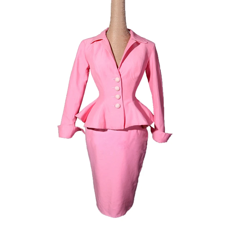 Women 50s 60s Set Fashion Retro Pink Black Tight Business Suit Pencil Skirt Limited Edition Vintage Elegant Classic Slim Waist