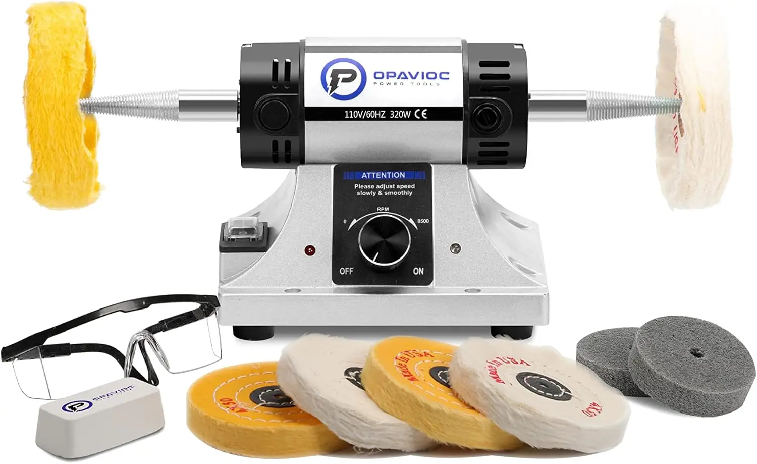 

Adjustable Speed Jewelry Polisher & Bench Grinder with Buffing Wheels, Dental Buffer, Safety Glass