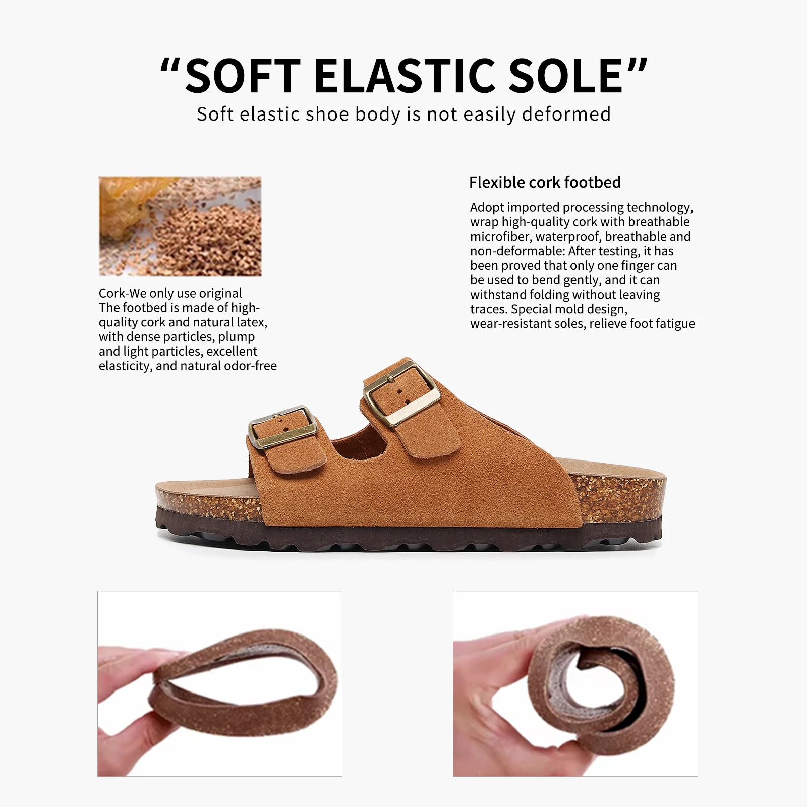 Birken Genuine Leather Women's Flat Slide Sandals - 2 Strap Design, Arch Support, Non-Slip, Cork Footbed, Slip-On Style