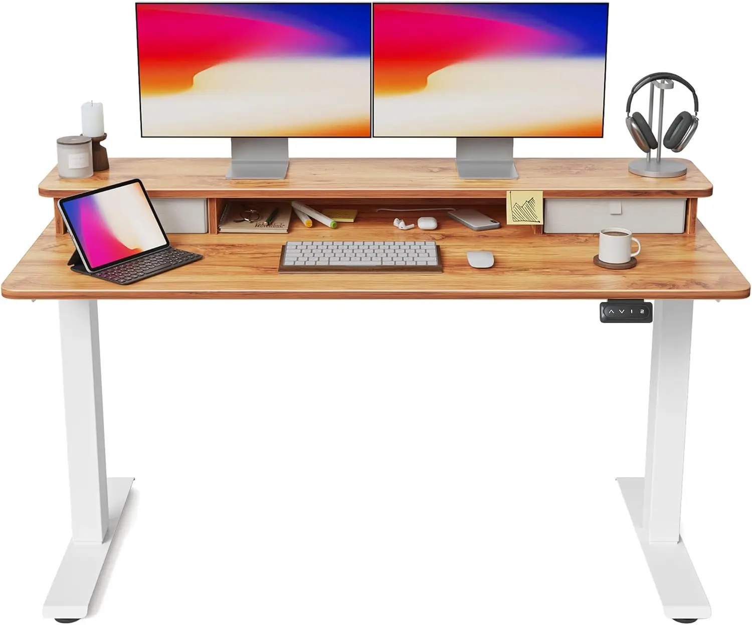 

55 x 24 inch height adjustable electric standing desk, double drawers, standing desk, storage rack, sit-stand desk, light rustic