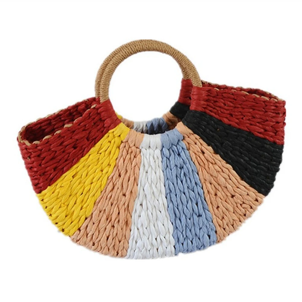 New Female Summer Straw Bag Handbag Mixed Color Woven Bag Beach Bag Traveling Tote Bags Weave Basket