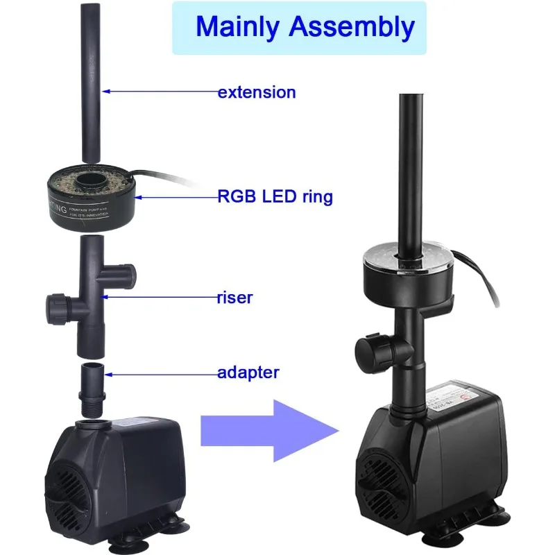 잠수정 펌프 분수, RGB 색상 변경 고리, 물 패턴 장식, 정원 연못 풍경, 730GPH, 2800L/H