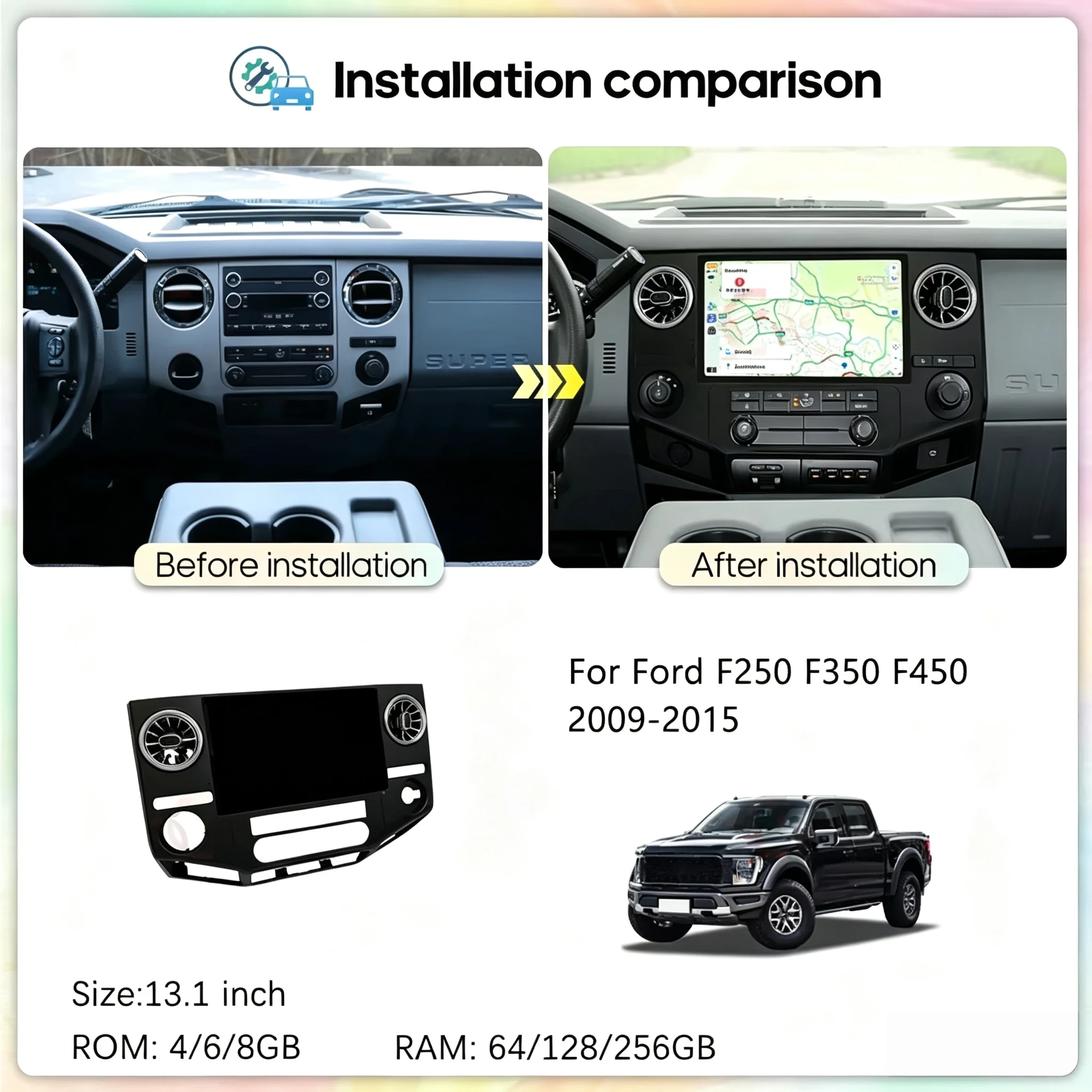 12.8 inch Touch Screen For Ford F250 2009-2015 Carplay Car Recorder Stereo GPS Navigation Media Auto Multimedia Video Player DSP