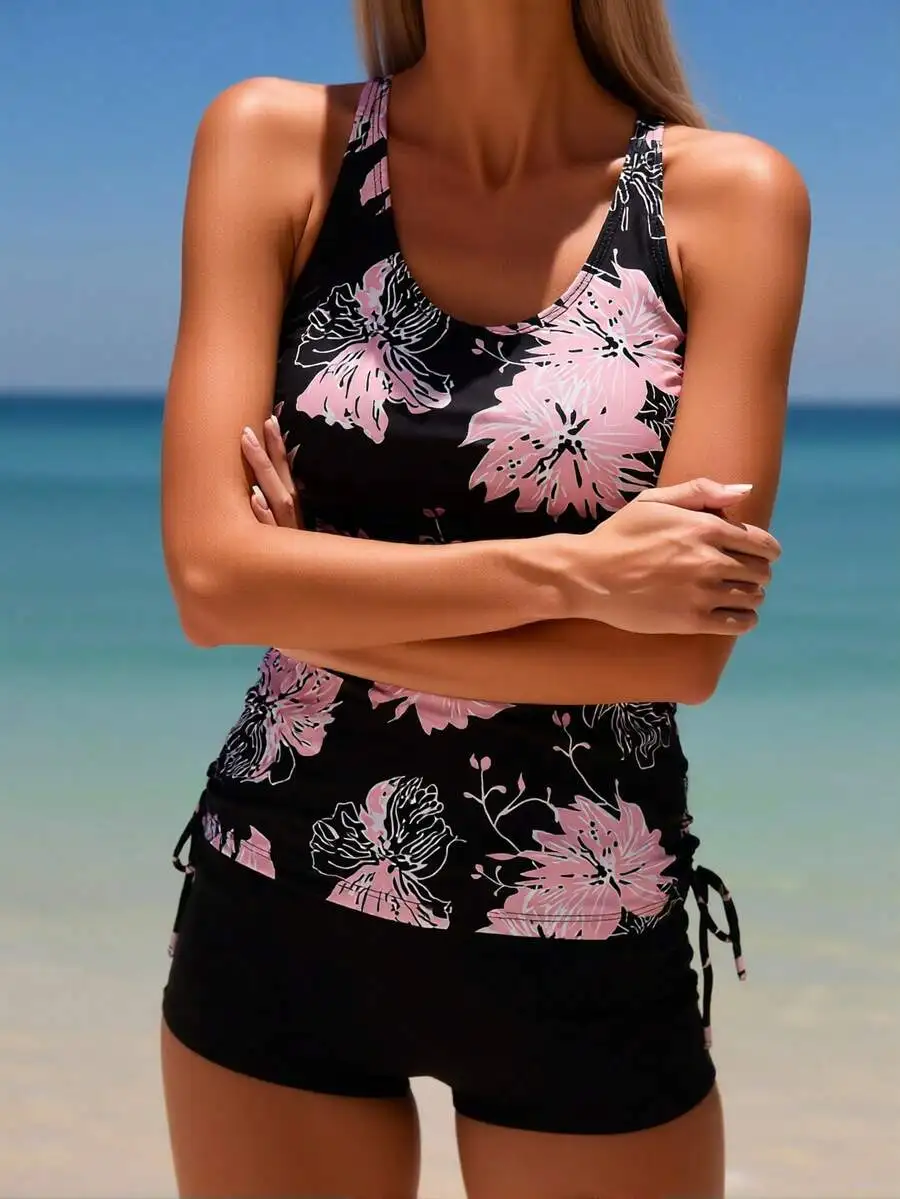 

Womens Floral Print Halter Neck Swimwear Set With Shorts For Beach Pool