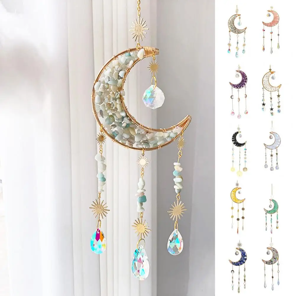 Crystal Wind Chime Moon Sun Star Catcher Prisms Pendant Dream Catcher Rainbow Hanging Drop Home Garden Corridor Decor Windchime