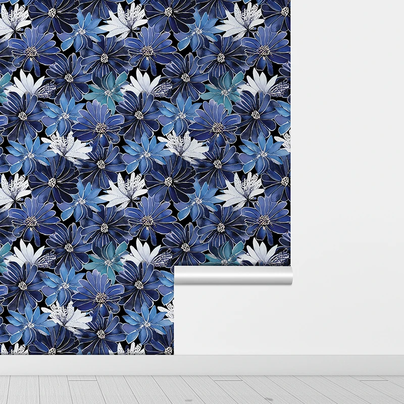 Sapphire Blue Floral Wallpaper Retro Euclidean Peel And Stick PVC Wallpaper Living Room Kitchen Flower Vinyl Cabinet Stickers