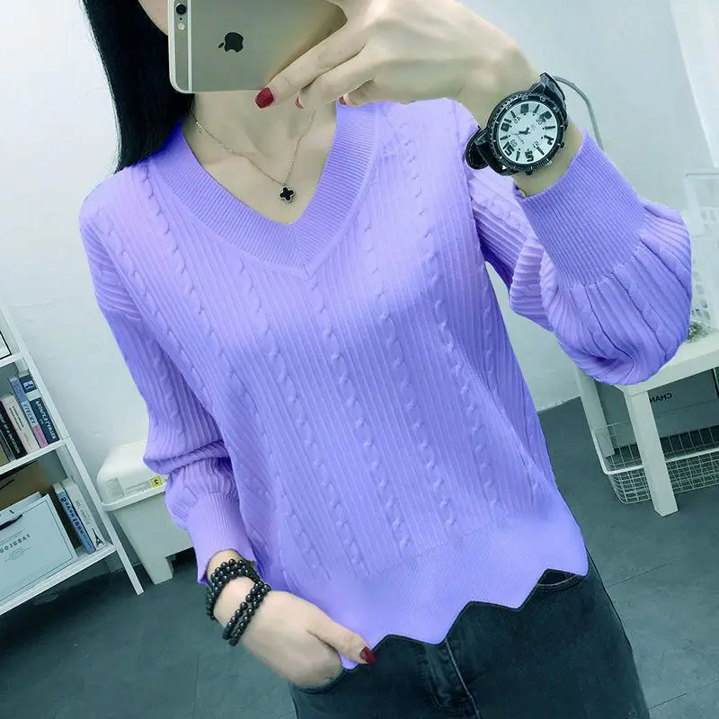 Fashion Loose V-Neck Solid Color Folds Ruffles Sweaters Women\'s Clothing 2023 Autumn Winter Loose Commuter Pullovers Casual Tops