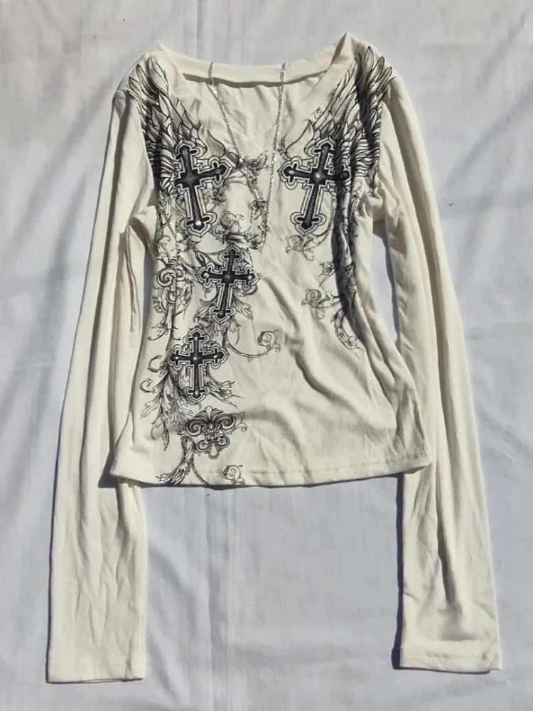 Camiseta Y2k estética Vintage con estampado de alas cruzadas, camisetas góticas Grunge para mujer, camisetas ajustadas de otoño Harajuku con cuello en V, ropa de calle para mujer