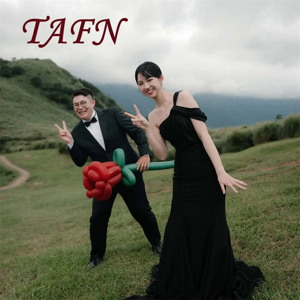 

TAFN Black Simple And Elegant Slimming French Style Women's Off-Shoulder Korea Wedding Dress Photo Shoot Party Dress Customized