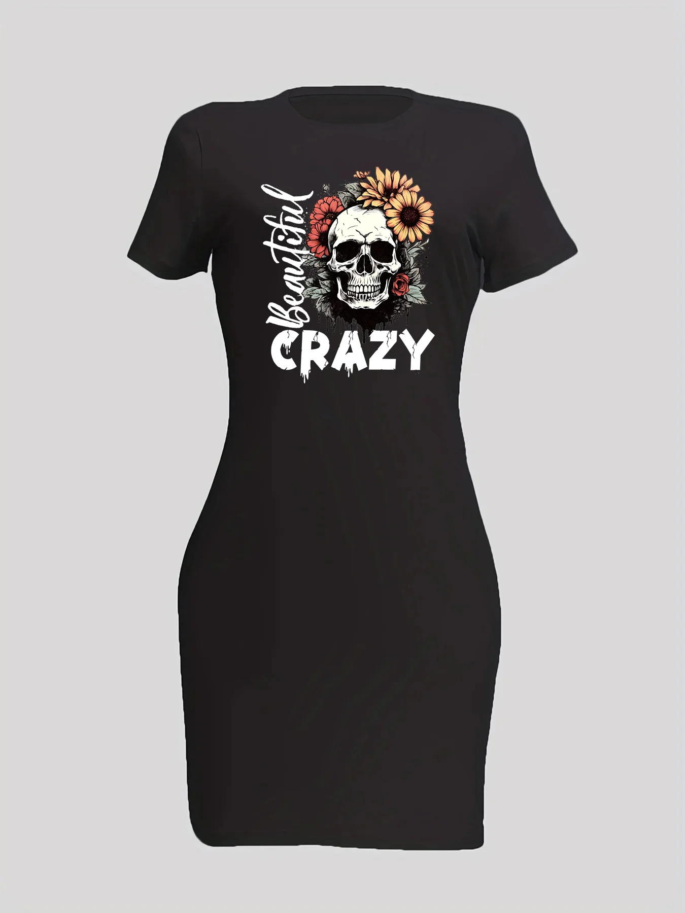 تي شيرت نسائي صيفي عصري بنمط جمجمة مجنونة مطبوع كاجوال مثير بقصة ضيقة وأكمام قصيرة ورقبة مستديرة وتنورة قصيرة