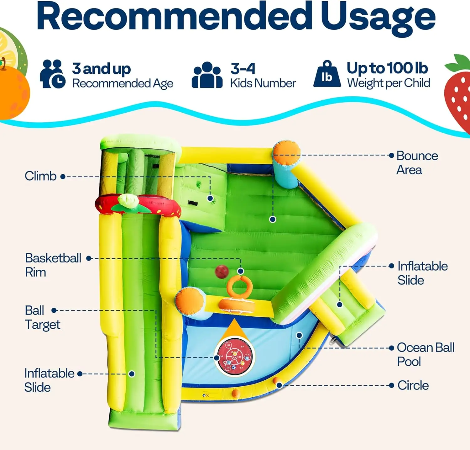 7 in 1 Bounce House for Kids, Fruit Theme Inflatable Bouncy Castle with Slide, 12x12 FT Inflated Bouncer for Outdoor with Blower