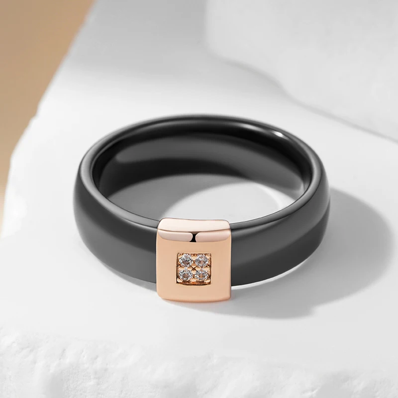 Kinel Hot Black Ceramics Ring For Women Fashion 585 Rose Gold Color Natural Zircon Accessories High Quality Daily Fine Jewelry