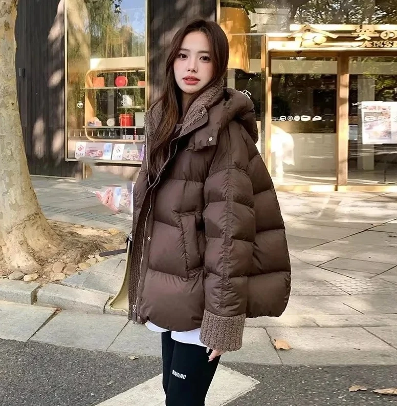 

2025 Women's Loose Cotton Padded Jacket, Thickened Warm Winter Coat with Lamb Wool Collar Combination Style Hooded Parka Outwear