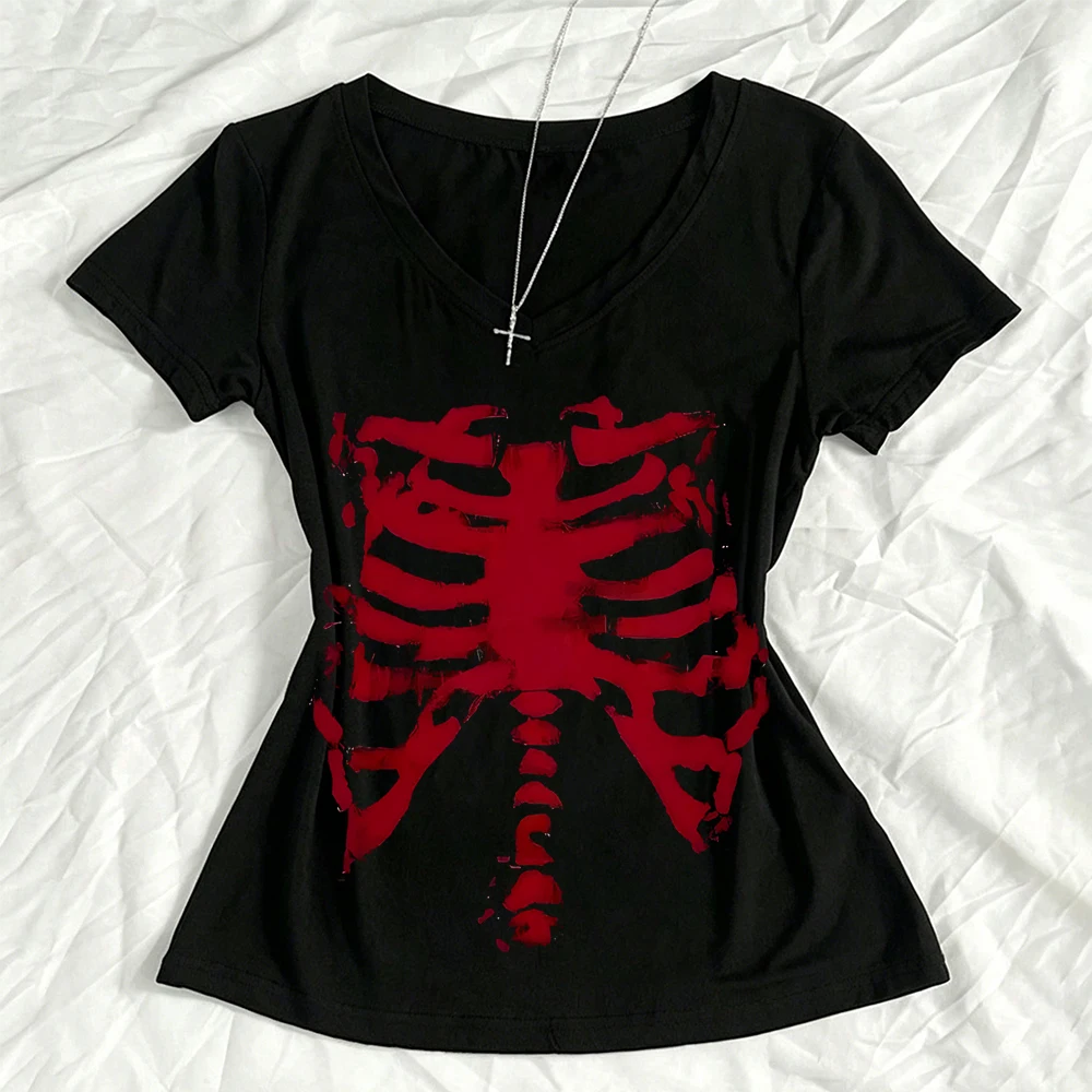 Aesthetic Gothic Punk Harajuku Slim T shirt Vintage Emo Girls Anime Graphic Print Tees T-shirt Streetwear 2000s Top Y2K Clothes