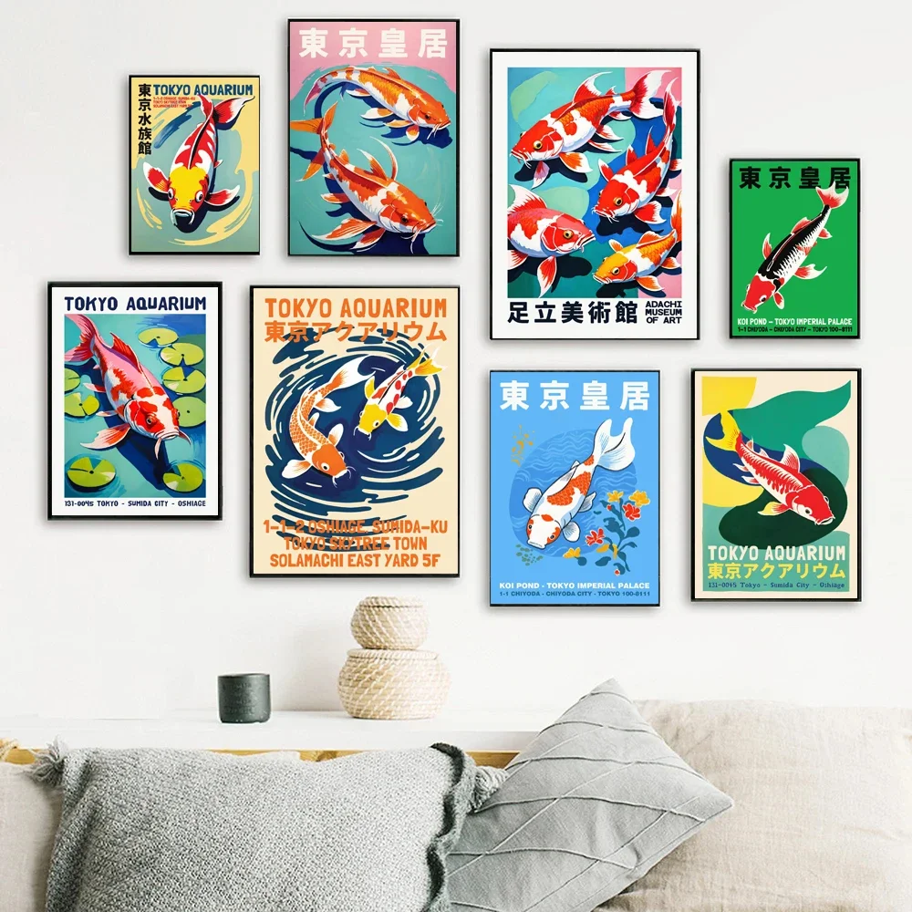 الرجعية مجردة الكرتون اليابانية حوض السمك كوي الأسماك المشارك قماش اللوحة يطبع الفن صور غرفة لوحة على الحائط لتزيين المنزل هدية