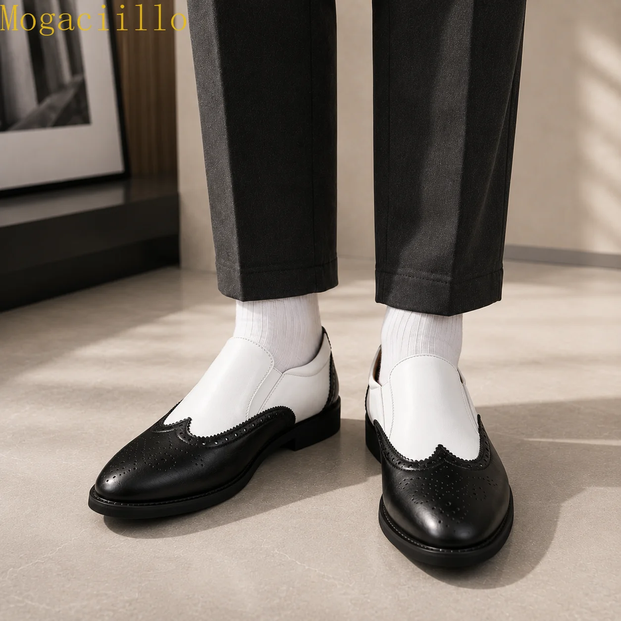 Premium Pointed Carved Toe Business Shoes Casual Dress Leather Shoes Handmade Men's Black White Block Formal Shoes Sizes 38-46
