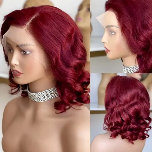 Imagen 2 del producto Pelucas de cabello humano ondulado Borgoña 99J, pelucas de cabello humano Bob corto de color 13x4 con encaje frontal, pelucas de cabello humano ondulado suelto rojo vino prearrancado