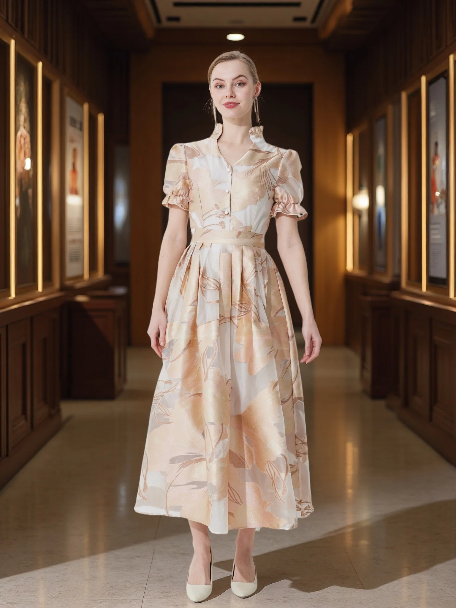 French Vintage Embellished Jacquard Dress with Waist-Cinching Flared Maxi Silhouette for Elegant Banquets and Dates