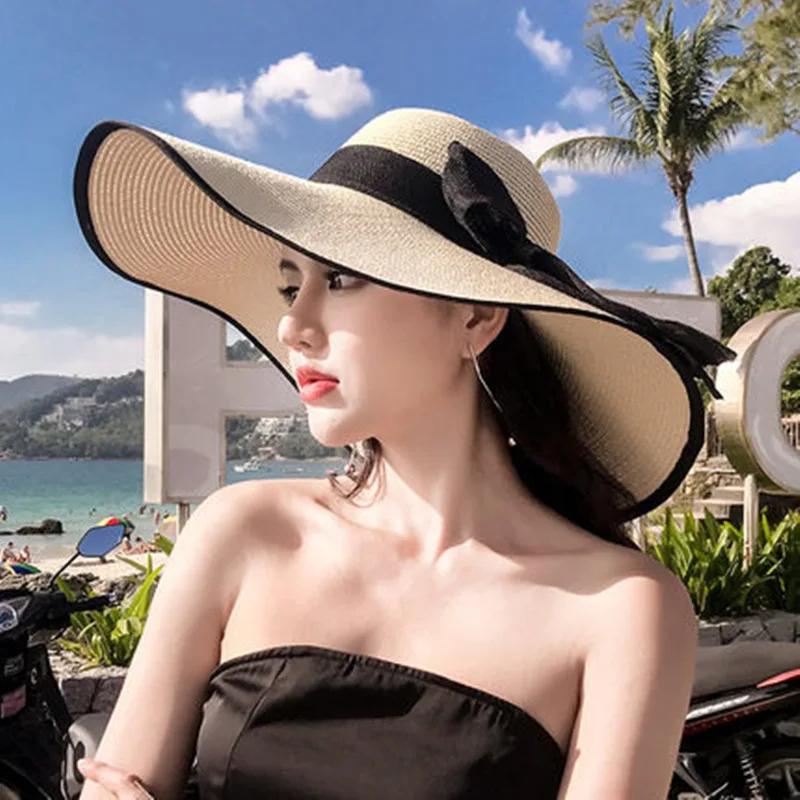 Women Summer Beach Travel Straw Hat Korean Seaside Big Hat Brim Sunblock Sunshade Holiday Foldable Fashion Big Cool Hat