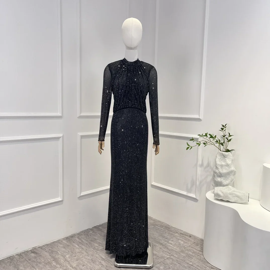 

New Spring Autumn High Waist Black Rhinestone Mesh Turtle Neck Elegant Mermaid for Party Evening Dresses