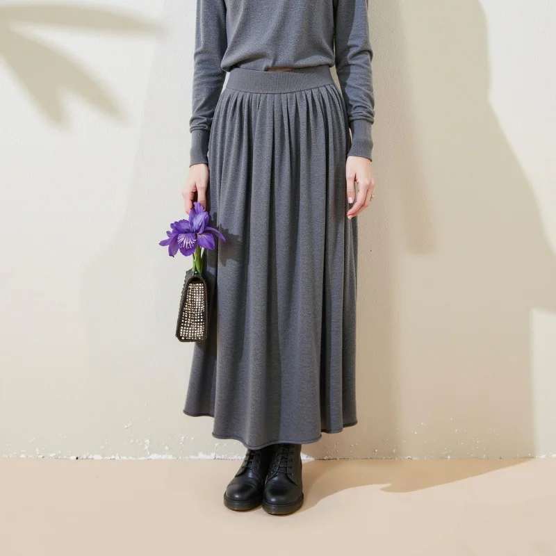 Moda donna autunno e inverno nuovi vestiti retrò pettinato 100% lana a vita alta appesa gonna a trapezio ampia tinta unita