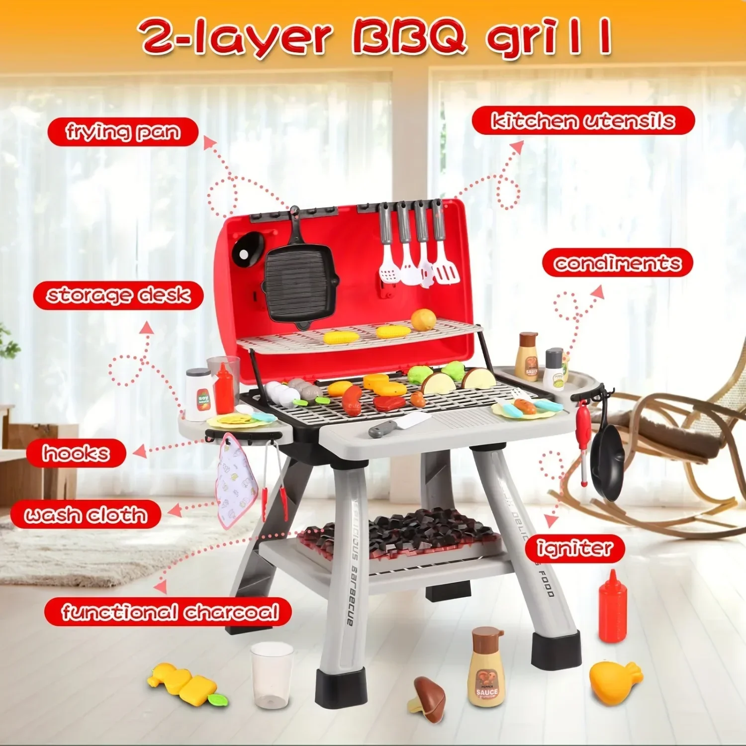 Barbecue Grill Toy Set Kids BBQ Pretend Play Kitchen Playset with Smoke Sound Light Simulation Camping Cooking Food Toys Gift