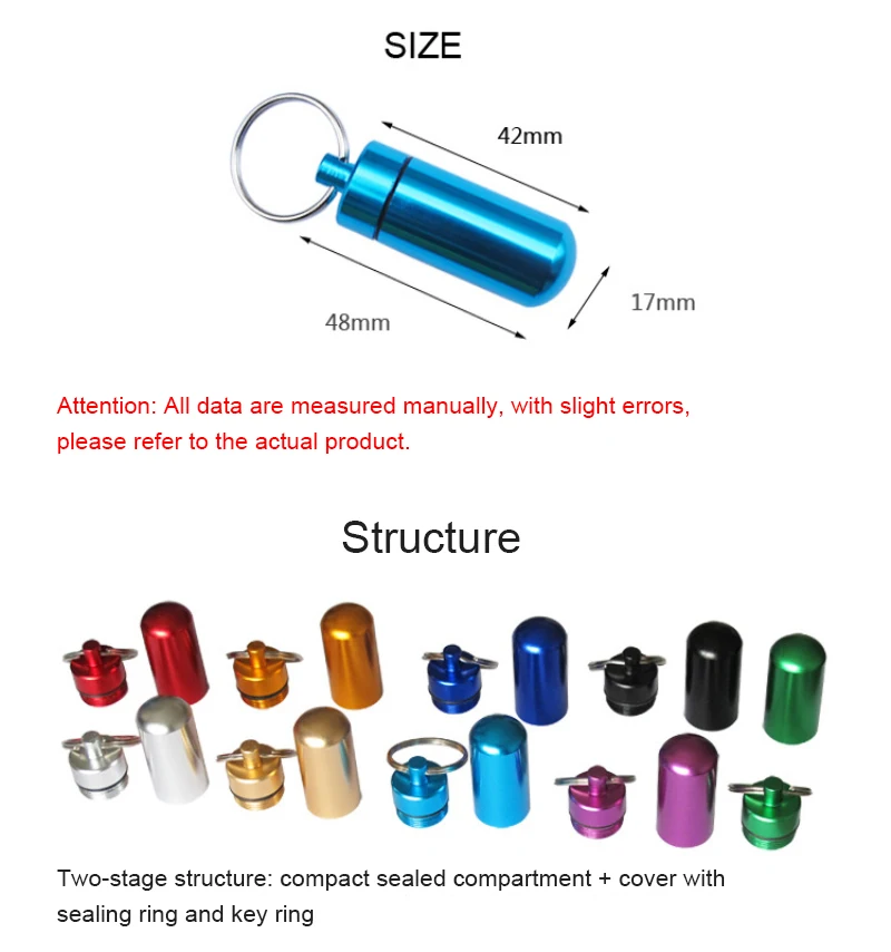 휴대용 알루미늄 합금 보관 상자, 야외 소형 도구, 방수 약병, 열쇠 고리 포함