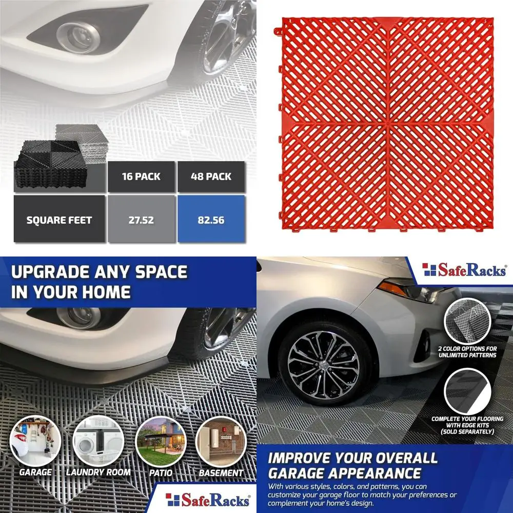 

Interlocking Garage Floor Tiles - Vented, Drainage, Non-Slip, Polypropylene, Suitable for Garages, Patios, Basements, Decks - Re