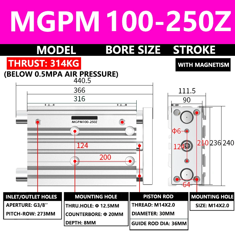 

ABILKEEN MGPM Series Pneumatic Compact Guide Cylinder MGPM100-250Z 100MM Bore X 250MM Stroke Three Axis Three Rod Air Cylinder