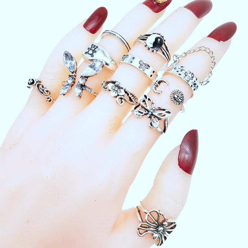 50 teile/los Mix Stil Vintage Finger Ringe für Frauen Schwarz Acryl Emaille Hohle Blume Design Ring Ausschnitt Schmetterling Schmuck Mädchen – Detail 5