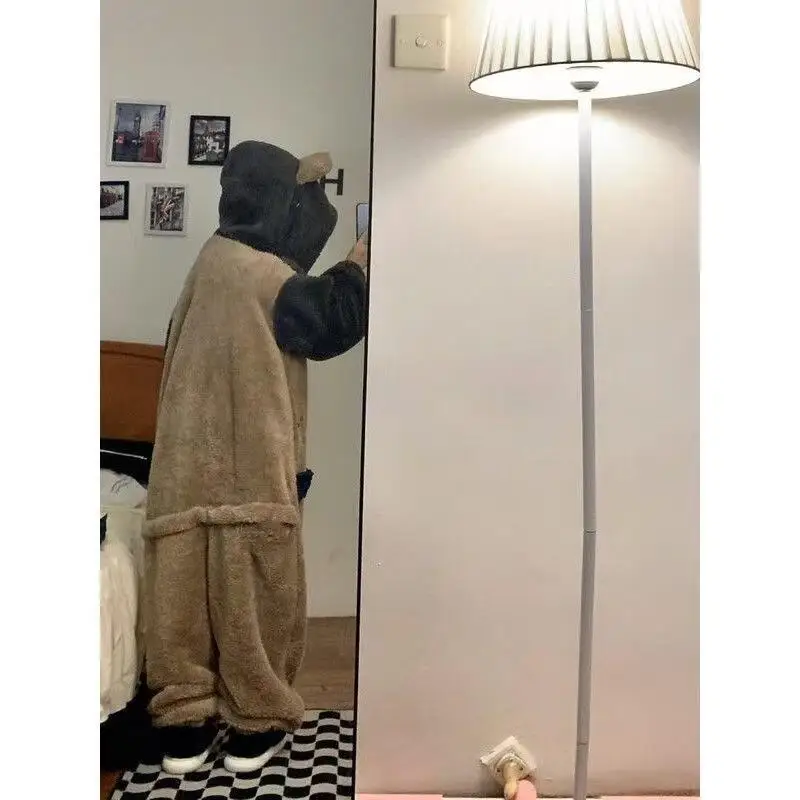 Girl Conjoined Pajamas Winter Cartoon Fleece-Lined Thicken New Nightwear Flannel Keep Warm Sleepwear Little Bear Hooded Homewear