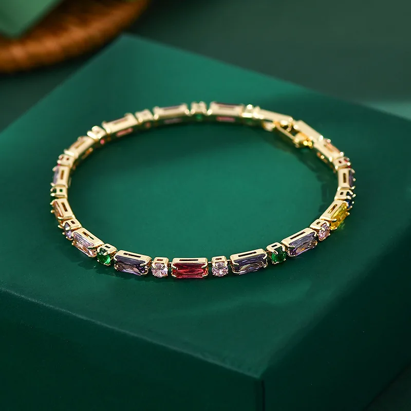 Colorful Zircon CZ Tennise Copper Bracelet For Women Gold Platinum Color Iced Out Stone Wrist Chain Jewelry Birthday Party Gifts