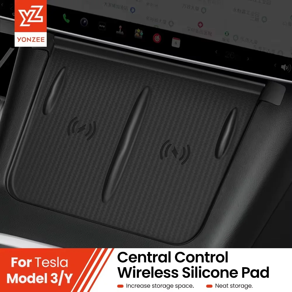 YZ Para Tesla Highland Model 3 Y Juniper 2021-2026, Almofada Antiderrapante de Silicone, Suporte para Carregamento Sem Fio de Celular, Acessórios para Carro