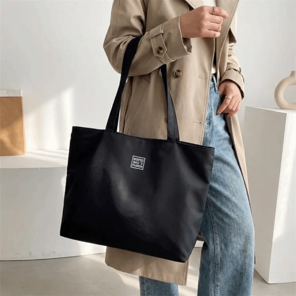 Simple Large Capacity Nylon Shoulder Bag Waterproof Solid Color Handbag Multi-purpose Lightweight Storage Bag Shopping