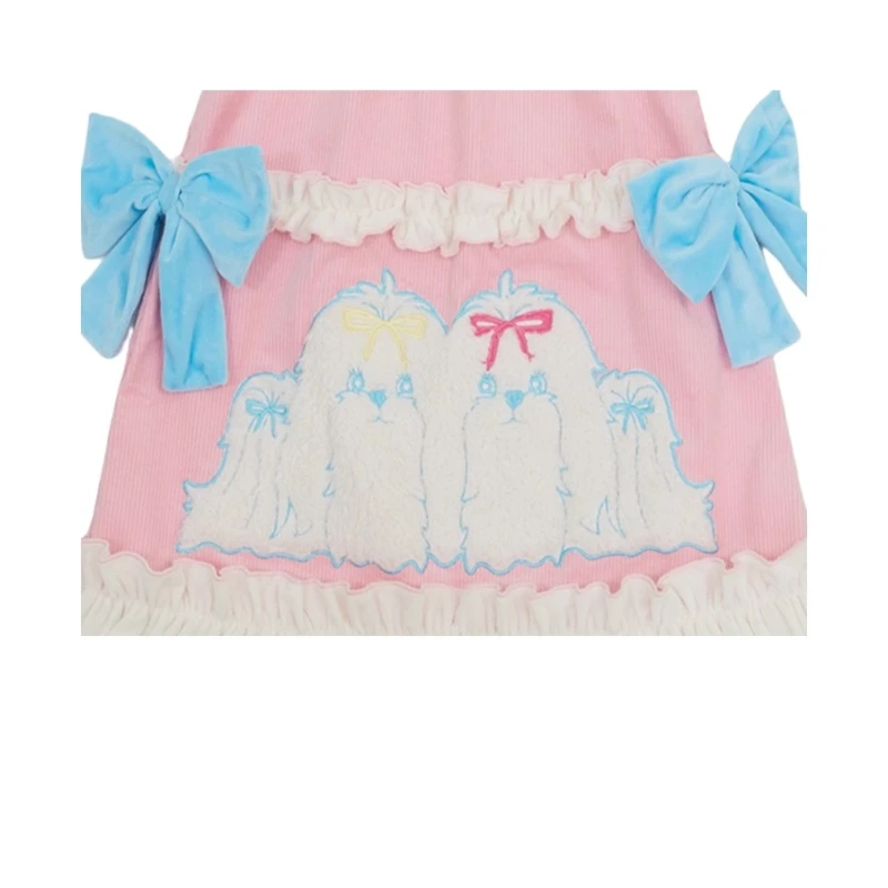 2025 Autunno Inverno Nuova stampa animalier Velluto a coste Rosa Gonna lunga da donna Design giapponese Dolce e carino Fiocco in pizzo Splicing Gonne Donna