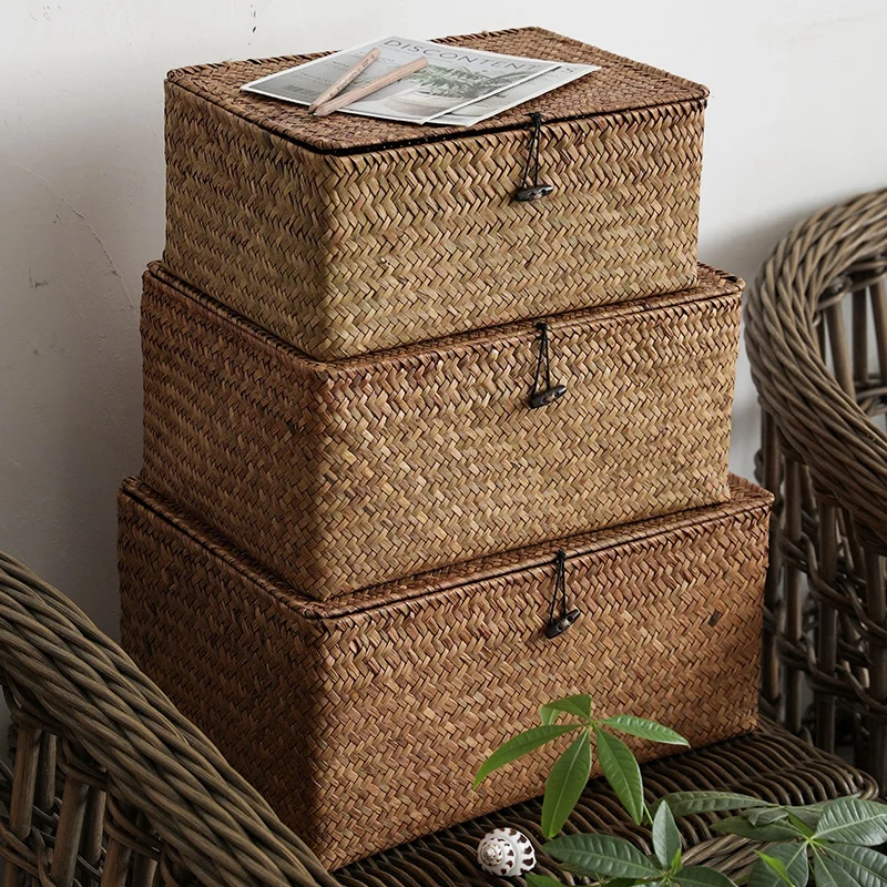 Seaweed Woven Storage Basket Handmade Seagrass Storage Box with Lid Home Sundries Organzier Baskets Cosmetic Clothes Container