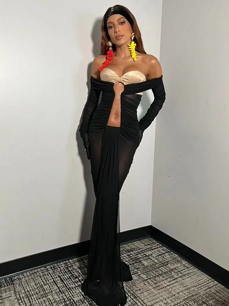 

Newest Women Celebrity Sexy Off Shoulder Mesh Ruched Bodycon Maxi Long Dress 2024 Elegant Evening Club Party Dress