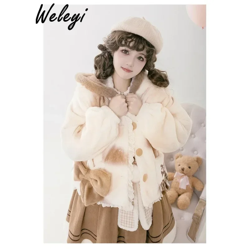 Dolce Lolita Arco Caldo Cappotti Con Cappuccio Donna Moda 2024 Inverno Nuovo Carino Farfalla Orso Orecchio Stampa Peluche Allentato Cappotto di