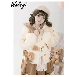 Dolce Lolita Arco Caldo Cappotti Con Cappuccio Donna Moda 2024 Inverno Nuovo Carino Farfalla Orso Orecchio Stampa Peluche Allentato Cappotto di Pelliccia di Lana Spessa