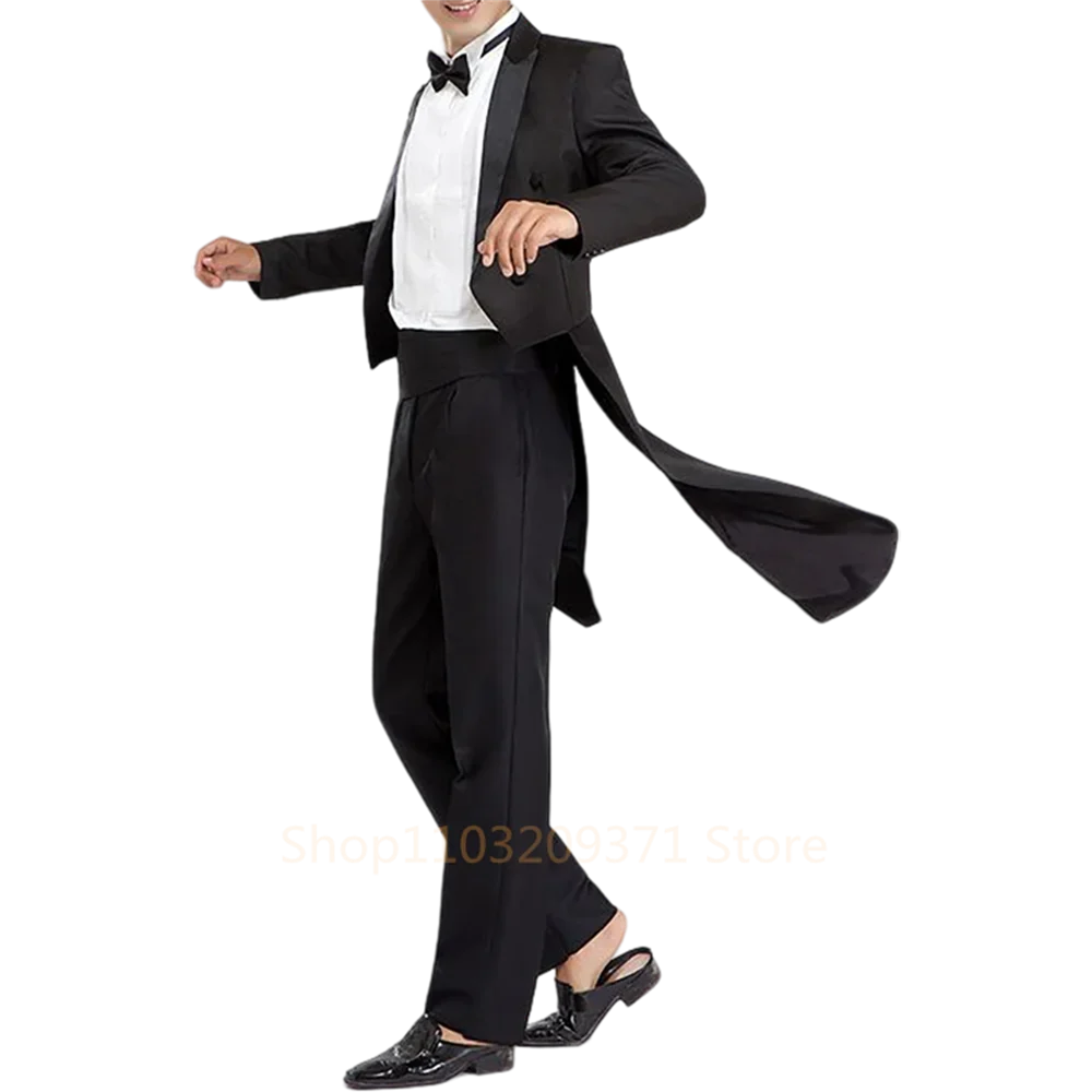 Mens Tuxedo Tailcoat Formal Dress Suits Swallow Tail Coat Black Male Jacket and Pants Party Wedding Dance Magic Performance