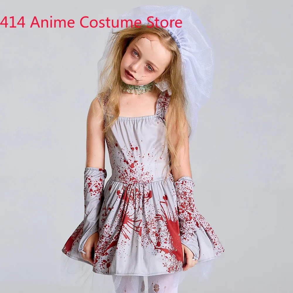 Horror Scary Bloody Zombie Bride Costume for Girls Child Kids Tween Teens 4-16Y Halloween Fancy Dress