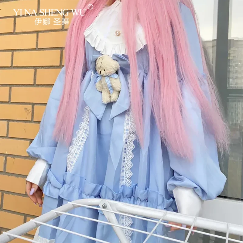 Cute Women Lolita Dress Flouncing Lace Trim Japanese Harajuku Long Sleeves Doll Teen Dress Fairy Vestidos Skirt cosplay Dress